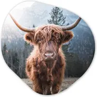 MuchoWow Organische wanddecoratie 90x90 cm - Organisch schilderij Schotse hooglander - Koe - Dieren - Berg - Natuur - Muurdecoratie woonkamer - Kamer decoratie - Schilderijen - Muurcirkel aesthetic