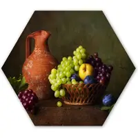 MuchoWow Hexagon wanddecoratie - Kunststof Wanddecoratie - Hexagon Schilderij - Rustiek - Fruit - Kan - Mand - Stilleven - 37x32 cm - Kerstdecoratie in huis - Kerstmis