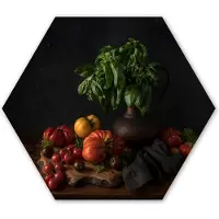 MuchoWow Hexagon wanddecoratie - Kunststof Wanddecoratie - Hexagon Schilderij - Stilleven - Tomaten - Basilicum - Schilderij - Groente - Zwart - 75x65 cm