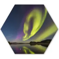 MuchoWow Hexagon wanddecoratie - Kunststof Wanddecoratie - Hexagon Schilderij - Noorderlicht - Zweden - Paars - Water - Groen - 75x65 cm