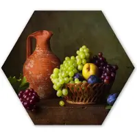 MuchoWow Hexagon wanddecoratie - Kunststof Wanddecoratie - Hexagon Schilderij - Rustiek - Fruit - Kan - Mand - Stilleven - 37x32 cm - Kerstdecoratie in huis - Kerstmis