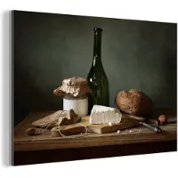 MuchoWow Wanddecoratie Metaal - Aluminium Schilderij Industrieel - Rustiek - Brie - Stilleven - Fles - Brood - 90x60 cm - Dibond - Foto op aluminium - Industriële muurdecoratie - Voor de woonkamer/slaapkamer