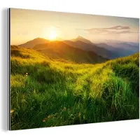 MuchoWow Wanddecoratie Metaal - Aluminium Schilderij Industrieel - Gras - Heuvels - Zon - Natuur - Landschap - 120x80 cm - Dibond - Foto op aluminium - Industriële muurdecoratie - Voor de woonkamer/slaapkamer