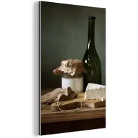 MuchoWow Wanddecoratie Metaal - Aluminium Schilderij Industrieel - Rustiek - Brie - Stilleven - Fles - Brood - 80x120 cm - Dibond - Foto op aluminium - Industriële muurdecoratie - Voor de woonkamer/slaapkamer