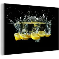MuchoWow Wanddecoratie Metaal - Aluminium Schilderij Industrieel - Citroen - Fruit - Geel - Stilleven - Water - 90x60 cm - Dibond - Foto op aluminium - Industriële muurdecoratie - Voor de woonkamer/slaapkamer