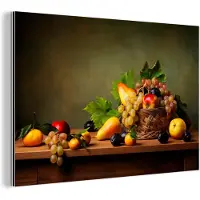 MuchoWow Wanddecoratie Metaal - Aluminium Schilderij Industrieel - Rustiek - Mand - Fruit - Stilleven - 60x40 cm - Dibond - Foto op aluminium - Industriële muurdecoratie - Voor de woonkamer/slaapkamer
