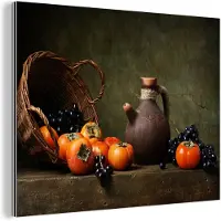 MuchoWow Wanddecoratie Metaal - Aluminium Schilderij Industrieel - Rustiek - Fruit - Kan - Mand - Stilleven - 120x90 cm - Dibond - Foto op aluminium - Industriële muurdecoratie - Voor de woonkamer/slaapkamer