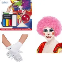 Smiffys Clown verkleed set volwassenen - pruik roze/schmink/neus/handschoenen