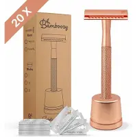 Bamboozy Safety Razor met Houder RVS + 20 scheermesjes Rose Gold Goud voor vrouwen dames mannen Double Edge Zero Waste Scheren