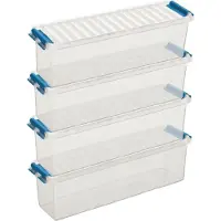 Sunware 4x q-line opberg box/opbergdoos - 1.3 liter - 27 x 8 x 9 cm - kunststof - opslagbox - transparant/blauw