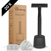 Bamboozy Safety Razor RVS + Houder + 20 scheermesjes Mat Zwart unisex voor vrouwen dames mannen Double Edge Zero Waste Scheren