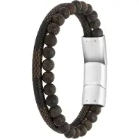 Lucardi Heren Armband leer en steen bruin - Leer - Armband - Vaderdag Cadeautje - 22 cm - Zilverkleurig