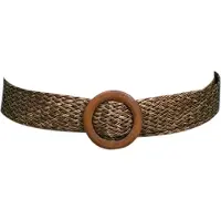 Fifo Modieuze Vrouwen Taille Riem met houten Cirkelgesp, Kaki , Bruin, Elastisch, Band, Uitrekbaar, Geweven, Taille, Ceintuur, Jurk Accessoire, Tailleriem