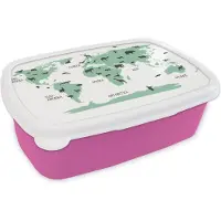 MuchoWow Broodtrommel Roze - Lunchbox - Brooddoos - Wereldkaart - Kinderen - Dieren - Groen - Kids - Jongen - Meiden - 18x12x6 cm - Kinderen - Meisje