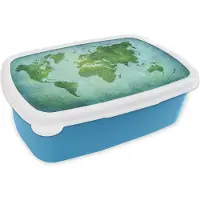 MuchoWow Broodtrommel Blauw - Lunchbox - Brooddoos - Wereldkaart - Perkament - Groen - Kindje - Jongens - Meisjes - 18x12x6 cm - Kinderen - Jongen