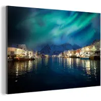 MuchoWow Wanddecoratie Metaal - Aluminium Schilderij Industrieel - Noorderlicht - Noorwegen - Berg - 30x20 cm - Dibond - Foto op aluminium - Industriële muurdecoratie - Voor de woonkamer/slaapkamer