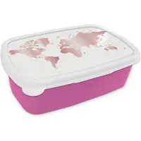 MuchoWow Broodtrommel Roze - Lunchbox - Brooddoos - Wereldkaart - Roze - Kinderen - Jongens - Meisjes - 18x12x6 cm - Kinderen - Meisje