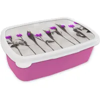 MuchoWow Broodtrommel Roze - Lunchbox - Brooddoos - Bloemen - Tulpen - Paars - 18x12x6 cm - Kinderen - Meisje