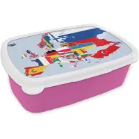 MuchoWow Broodtrommel Roze - Lunchbox - Brooddoos - Kaart - Europa - Vlag - 18x12x6 cm - Kinderen - Meisje