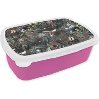 MuchoWow Broodtrommel Roze - Lunchbox - Brooddoos - Bloemen- Vogel- Bladeren - 18x12x6 cm - Kinderen - Meisje
