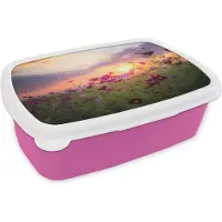 MuchoWow Broodtrommel Roze - Lunchbox - Brooddoos - Bloemen - Roze - Zonsondergang - Natuur - Weide - Horizon - 18x12x6 cm - Kinderen - Meisje