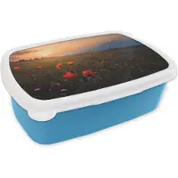 MuchoWow Broodtrommel Blauw - Lunchbox - Brooddoos - Bloemenveld - Gras - Bloemen - Planten - Zonsondergang - Oranje - 18x12x6 cm - Kinderen - Jongen