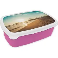 MuchoWow Broodtrommel Roze - Lunchbox - Brooddoos - Strand - Zee - Zonsondergang - Reuzenrad - 18x12x6 cm - Kinderen - Meisje