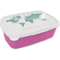 MuchoWow Broodtrommel Roze - Lunchbox - Brooddoos - Wereldkaart - Groen - Quote - Kind - Jongens - Meisjes - 18x12x6 cm - Kinderen - Meisje