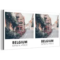 MuchoWow Wanddecoratie Metaal - Aluminium Schilderij Industrieel - België - Terras - Straat - 160x80 cm - Dibond - Foto op aluminium - Industriële muurdecoratie - Voor de woonkamer/slaapkamer