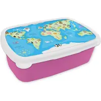 MuchoWow Broodtrommel Roze - Lunchbox - Brooddoos - Wereldkaart - Kind - Dieren - Blauw - Jongens - Meisjes - 18x12x6 cm - Kinderen - Meisje