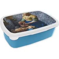 MuchoWow Broodtrommel Blauw - Lunchbox - Brooddoos - Melkmeisje - Delfts Blauw - Vermeer - Schilderij - Oude meesters - 18x12x6 cm - Kinderen - Jongen