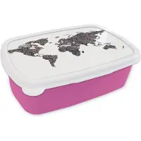 MuchoWow Broodtrommel Roze - Lunchbox - Brooddoos - Wereldkaart - Zwart - Mandela - Kind - Jongen - Meid - 18x12x6 cm - Kinderen - Meisje