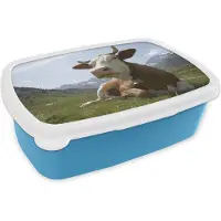 MuchoWow Broodtrommel Blauw - Lunchbox - Brooddoos - Koe - Berg - Gras - 18x12x6 cm - Kinderen - Jongen