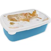 MuchoWow Broodtrommel Blauw - Lunchbox - Brooddoos - Verenigde Staten - Wereldkaart - Olieverf - 18x12x6 cm - Kinderen - Jongen