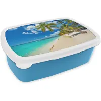 MuchoWow Broodtrommel Blauw - Lunchbox - Brooddoos - Strand - Zee - Boot - Palmboom - 18x12x6 cm - Kinderen - Jongen