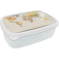 MuchoWow Broodtrommel Wit - Lunchbox - Brooddoos - Kaart - Wereld - Bruin - 18x12x6 cm - Volwassenen
