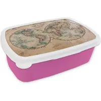 MuchoWow Broodtrommel Roze - Lunchbox - Brooddoos - Wereldkaart - Vintage - Papyrus - Kids - Jongen - Meisje - 18x12x6 cm - Kinderen - Meisje