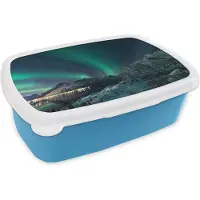 MuchoWow Broodtrommel Blauw - Lunchbox - Brooddoos - Noorderlicht - Berg - Sneeuw - Groen - Sterrenhemel - Winter - 18x12x6 cm - Kinderen - Jongen