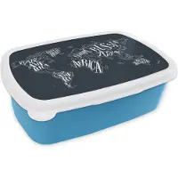 MuchoWow Broodtrommel Blauw - Lunchbox - Brooddoos - Wereldkaart - Zwart - Wit - Letters - 18x12x6 cm - Kinderen - Jongen