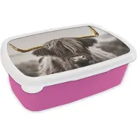 MuchoWow Broodtrommel Roze - Lunchbox - Brooddoos - Schotse hooglander - Goud - Zwart - Wit - 18x12x6 cm - Kinderen - Meisje
