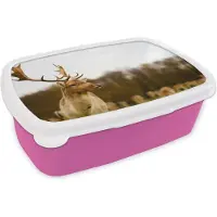 MuchoWow Broodtrommel Roze - Lunchbox - Brooddoos - Damhert - Bos - Kudde - Dieren - Natuur - 18x12x6 cm - Kinderen - Meisje
