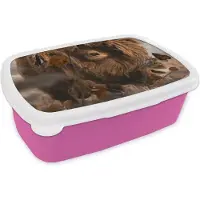 MuchoWow Broodtrommel Roze - Lunchbox - Brooddoos - Schotse hooglander - Vlinders - Bloemen - 18x12x6 cm - Kinderen - Meisje