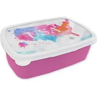 MuchoWow Broodtrommel Roze - Lunchbox - Brooddoos - Amerika - Wereldkaart - Waterverf - 18x12x6 cm - Kinderen - Meisje