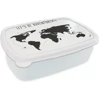 MuchoWow Broodtrommel Wit - Lunchbox - Brooddoos - Wereldkaart - Quote - Zwart - Wit - Kindje - Jongetjes - Meiden - 18x12x6 cm - Volwassenen