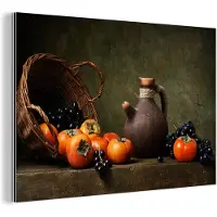 MuchoWow Wanddecoratie Metaal - Aluminium Schilderij Industrieel - Rustiek - Fruit - Kan - Mand - Stilleven - 180x120 cm - Dibond - Foto op aluminium - Industriële muurdecoratie - Voor de woonkamer/slaapkamer