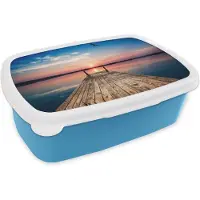MuchoWow Broodtrommel Blauw - Lunchbox - Brooddoos - Steiger - Water - Zonsondergang - Roze - Horizon - 18x12x6 cm - Kinderen - Jongen