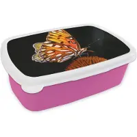 MuchoWow Broodtrommel Roze - Lunchbox - Brooddoos - Vlinder - Bloemen - Insect - Portret - Zwart - Oranje - 18x12x6 cm - Kinderen - Meisje