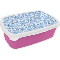 MuchoWow Broodtrommel Roze - Lunchbox - Brooddoos - Bloemen - Patroon - Blauw - 18x12x6 cm - Kinderen - Meisje