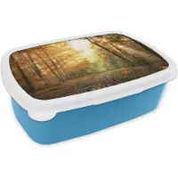 MuchoWow Broodtrommel Blauw - Lunchbox - Brooddoos - Bos - Herfst - Zon - Landschap - Natuur - Bomen - Bladeren - 18x12x6 cm - Kinderen - Jongen