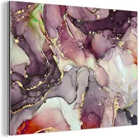 MuchoWow Wanddecoratie Metaal - Aluminium Schilderij Industrieel - Marmer - Rood - Paars - Goud - 40x30 cm - Dibond - Foto op aluminium - Industriële muurdecoratie - Voor de woonkamer/slaapkamer